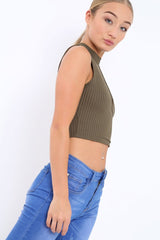 Khaki Ribbed High Neck Crop Top - Kamira-Crop Tops