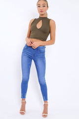 Khaki Ribbed High Neck Crop Top - Kamira-Crop Tops