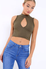 Khaki Ribbed High Neck Crop Top - Kamira-Crop Tops