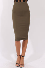 Khaki Ribbed High Waisted Midi Skirt - Della-Skirts