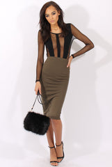 Khaki Ribbed High Waisted Midi Skirt - Della-Skirts