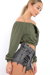 Khaki Ribbed Lace Up Bardot Crop Top - Sara-Crop Tops