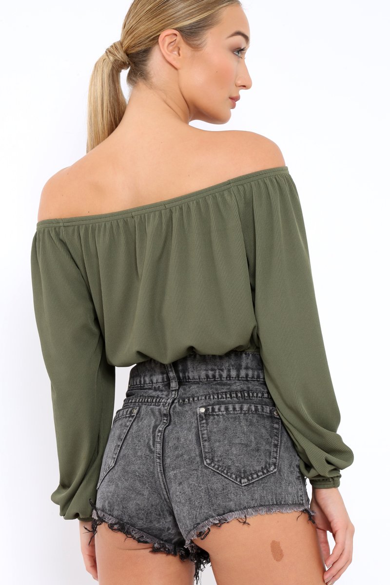 Khaki Ribbed Lace Up Bardot Crop Top - Sara-Crop Tops