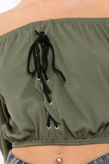 Khaki Ribbed Lace Up Bardot Crop Top - Sara-Crop Tops