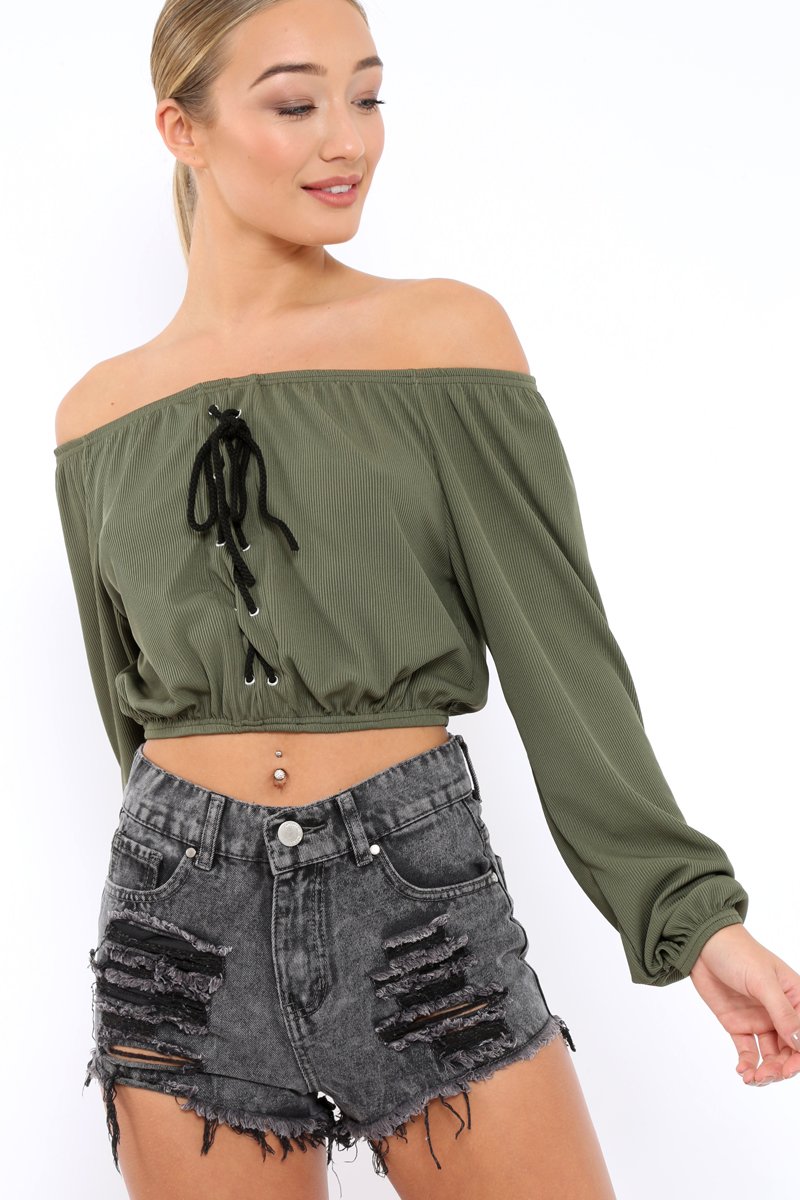 Khaki Ribbed Lace Up Bardot Crop Top - Sara-Crop Tops