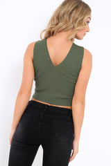 Khaki Ribbed Lace up Crop Top - Laylia-Crop Tops