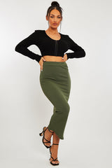 Khaki Ribbed Midi Skirt - Dixie-Skirts