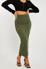 Khaki Ribbed Midi Skirt - Dixie-Skirts