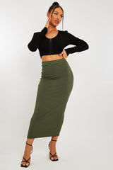 Khaki Ribbed Midi Skirt - Dixie-Skirts
