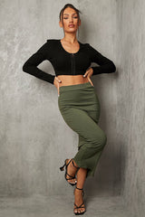 Khaki Ribbed Midi Skirt - Dixie-Skirts