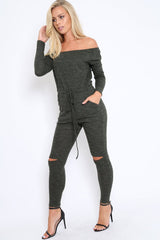 Khaki Ribbed Rip Knee Jumpsuit - Chyna-Jumpsuits