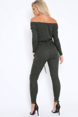 Khaki Ribbed Rip Knee Jumpsuit - Chyna-Jumpsuits