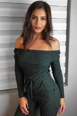 Khaki Ribbed Rip Knee Jumpsuit - Chyna-Jumpsuits