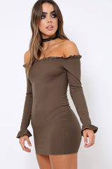 Khaki Ribbed Ruffle Long Sleeve Bardot Dress - Madison-Dresses