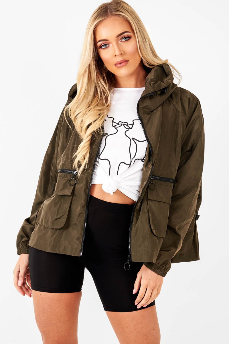 Khaki Ring Pull Zip Front Windbreaker Jacket - Tesla-Jackets