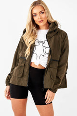 Khaki Ring Pull Zip Front Windbreaker Jacket - Tesla-Jackets