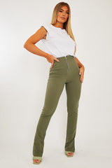 Khaki Ring Zip Front Split Side Crepe Trousers - Ashton-Trousers