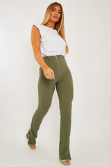 Khaki Ring Zip Front Split Side Crepe Trousers - Ashton-Trousers