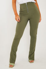 Khaki Ring Zip Front Split Side Crepe Trousers - Ashton-Trousers