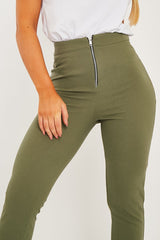 Khaki Ring Zip Front Split Side Crepe Trousers - Ashton-Trousers