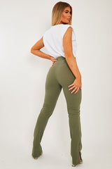 Khaki Ring Zip Front Split Side Crepe Trousers - Ashton-Trousers