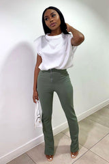 Khaki Ring Zip Front Split Side Crepe Trousers - Ashton-Trousers