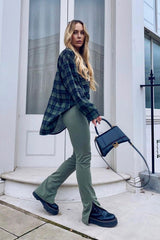 Khaki Ring Zip Front Split Side Crepe Trousers - Ashton-Trousers