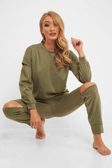 Khaki Ripped Knee Cut Out Loungewear Set - Demmi-Loungewear