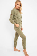Khaki Ripped Knee Cut Out Loungewear Set - Demmi-Loungewear