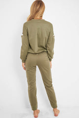 Khaki Ripped Knee Cut Out Loungewear Set - Demmi-Loungewear