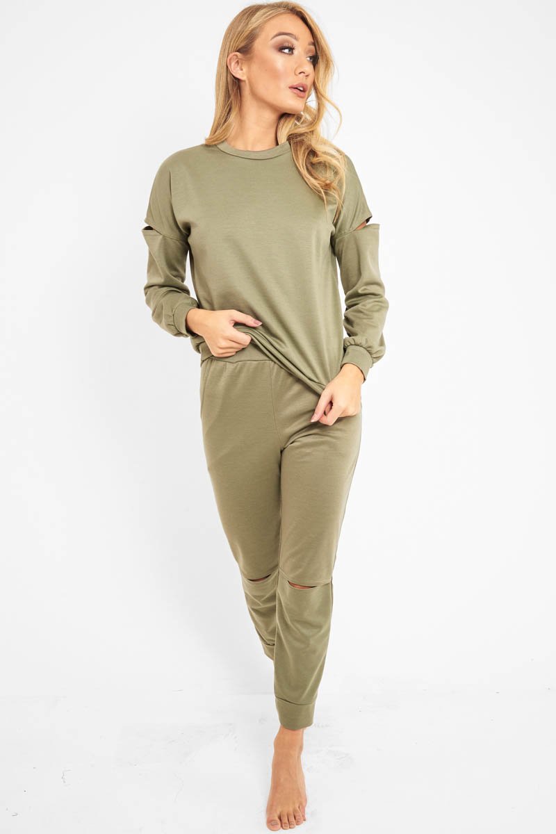 Khaki Ripped Knee Cut Out Loungewear Set - Demmi-Loungewear