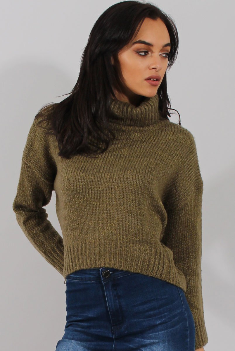 Khaki Rollneck Knitted Cropped Jumper - Regean-Knitwear