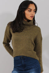 Khaki Rollneck Knitted Cropped Jumper - Regean-Knitwear