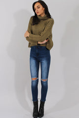 Khaki Rollneck Knitted Cropped Jumper - Regean-Knitwear