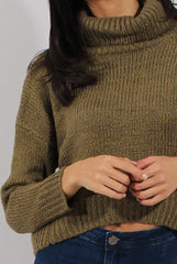 Khaki Rollneck Knitted Cropped Jumper - Regean-Knitwear