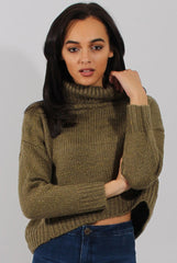 Khaki Rollneck Knitted Cropped Jumper - Regean-Knitwear