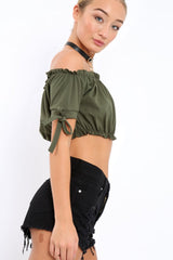Khaki Ruched Bardot Gypsy Crop Top - Janette-Crop Tops