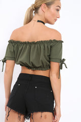 Khaki Ruched Bardot Gypsy Crop Top - Janette-Crop Tops