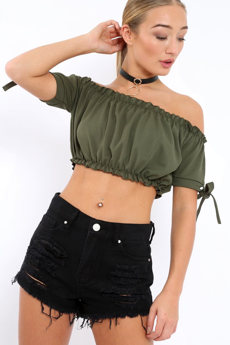 Khaki Ruched Bardot Gypsy Crop Top - Janette-Crop Tops
