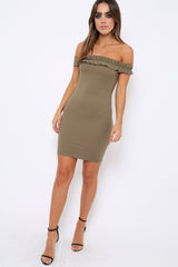 Khaki Ruffle Bardot Bodycon Dress - Mollie-Dresses
