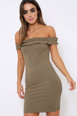 Khaki Ruffle Bardot Bodycon Dress - Mollie-Dresses