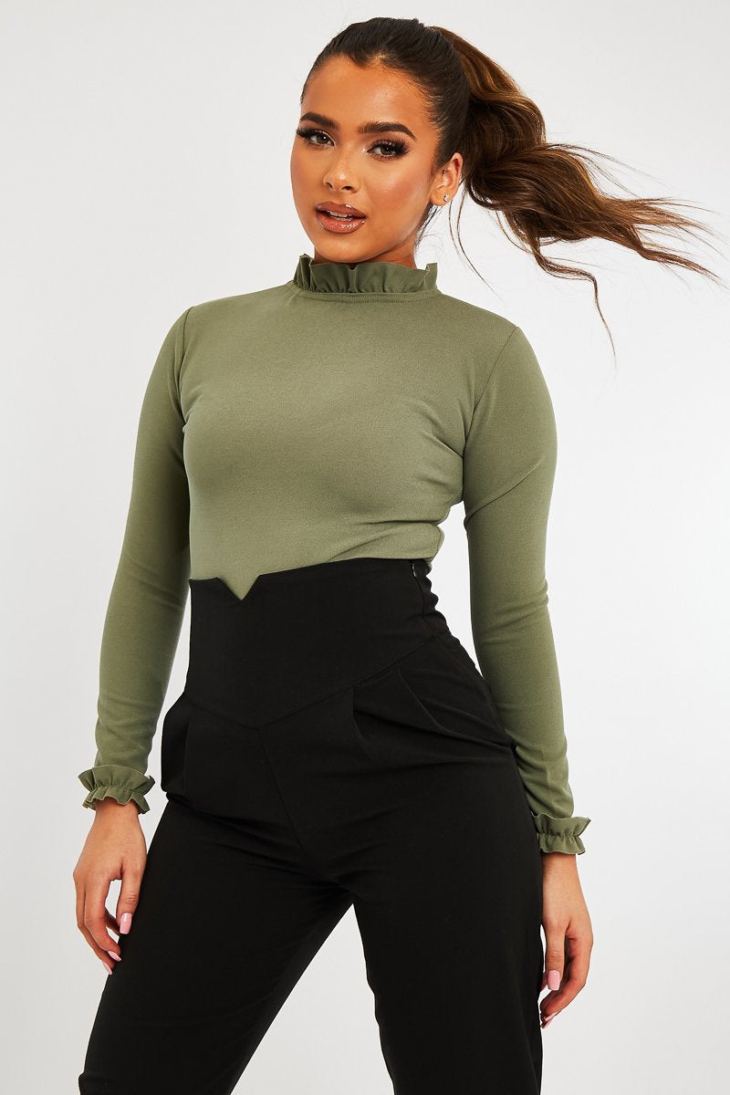 Khaki Ruffle Neck Bodysuit - Trudy-Bodysuits
