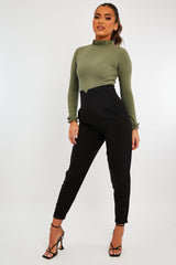 Khaki Ruffle Neck Bodysuit - Trudy-Bodysuits