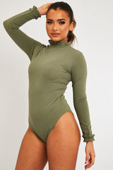 Khaki Ruffle Neck Bodysuit - Trudy-Bodysuits