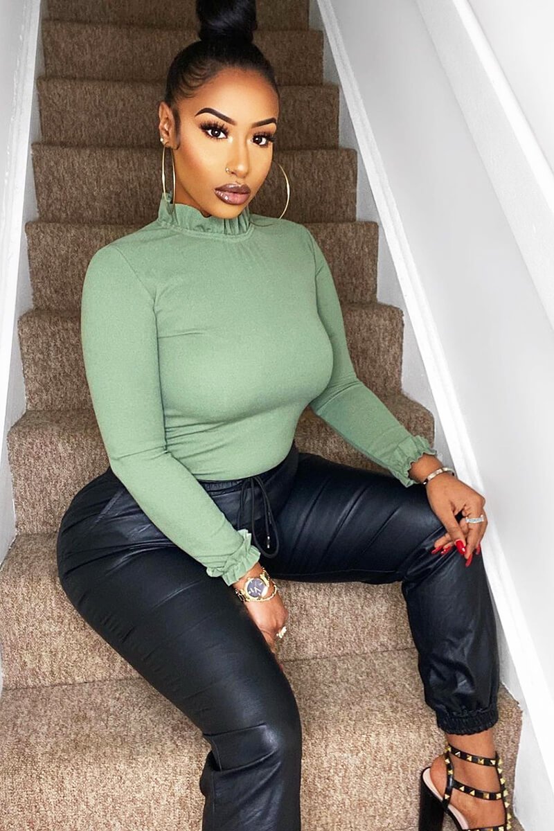 Khaki Ruffle Neck Bodysuit - Trudy-Bodysuits