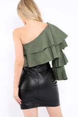 Khaki Ruffle One Sleeve Top - Sierra-Tops