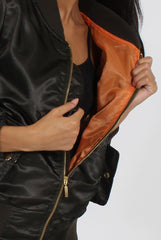 Khaki Satin Bomber Jacket - Neve-Jackets