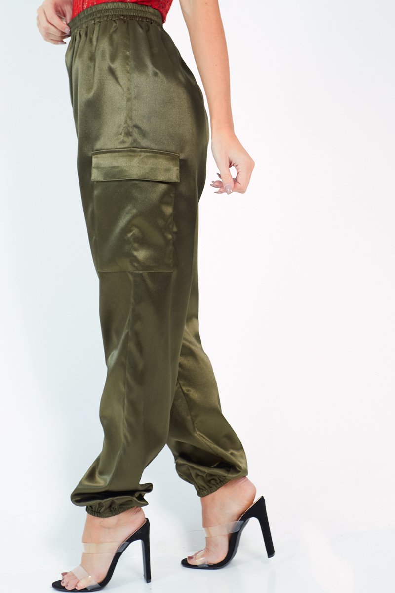 Khaki Satin Cargo Trousers - Khyla-Trousers