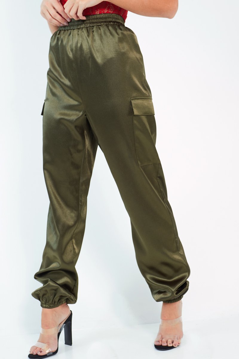 Khaki Satin Cargo Trousers - Khyla-Trousers