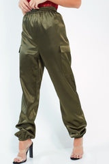 Khaki Satin Cargo Trousers - Khyla-Trousers